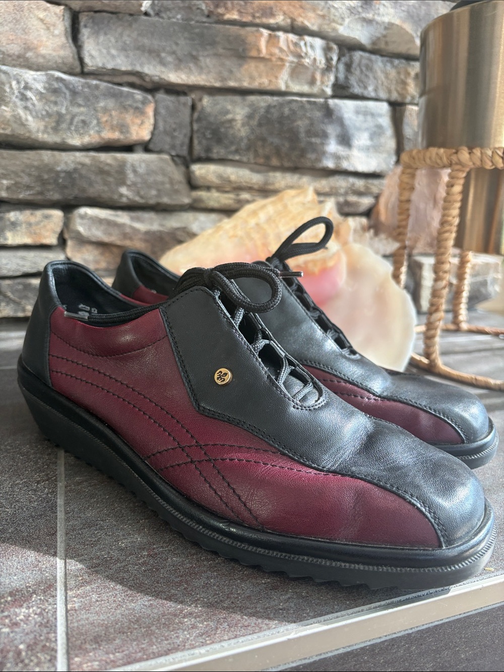 Rieker Antistress Leather Oxford Derby Shoes Black Oxblood Wine Accent Size 40